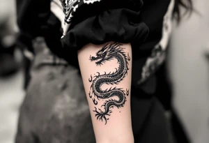 龙 (lóng, “dragon”) in crimson red paired with flames represents power, protection, and transformation. tattoo idea