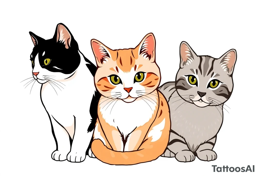 three cats, one black and white cat, one orange and white cat and one grey tabby cat tattoo idea