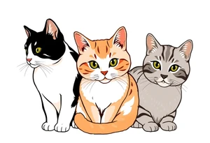 three cats, one black and white cat, one orange and white cat and one grey tabby cat tattoo idea