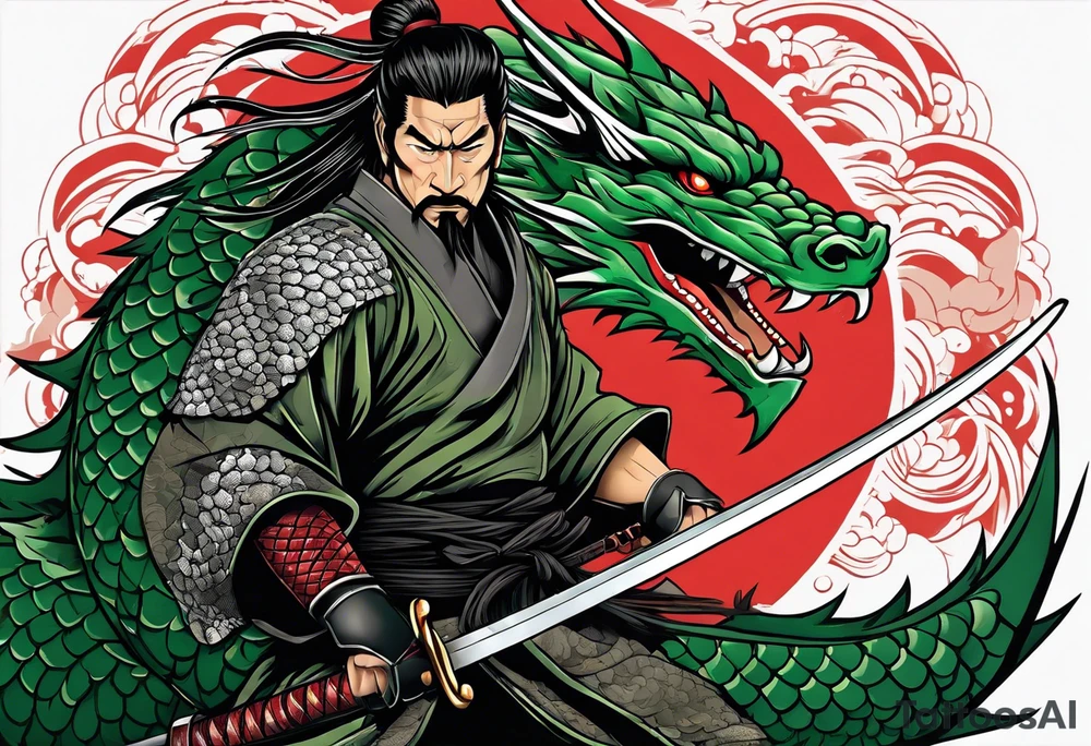 Ronin with drawn Katana in front of green dragon scale background tattoo idea