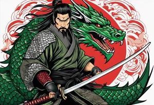 Ronin with drawn Katana in front of green dragon scale background tattoo idea