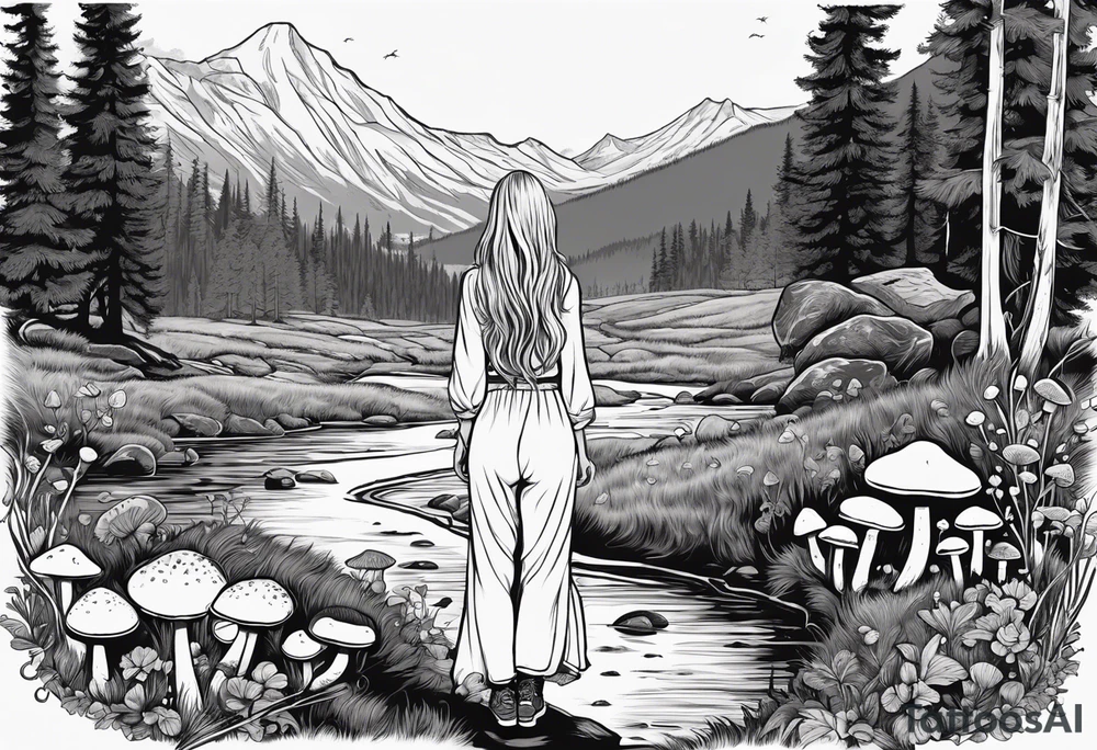 Whole picture encircled fully

Straight long blonde hair hippie girl in distance holding mushrooms in hand facing away toward mountains and creek surrounded by mushrooms long sleeve shirt and hiking pants; whole rendering within a full circle, no cut off circle tattoo idea