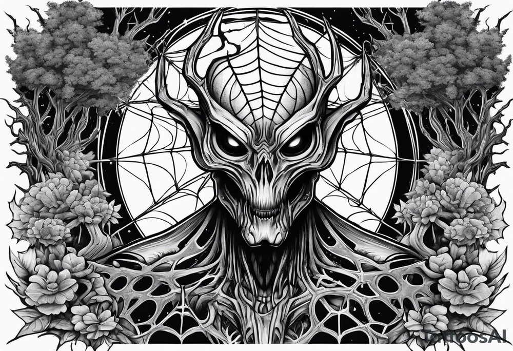 Funny Alien surrounded by spiderwebs and dead trees tattoo idea