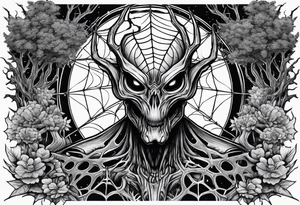 Funny Alien surrounded by spiderwebs and dead trees tattoo idea