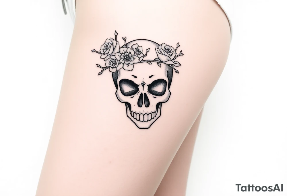 ornate skull adorned with crown of wild roses and thorns tattoo idea