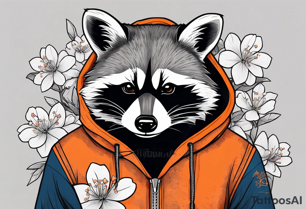 raccoon wearing a black and white Superman hoodie and orange Japanese cherry blossoms tattoo idea