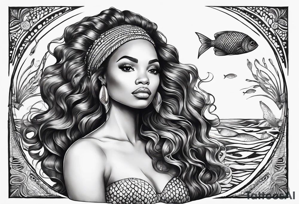 african mermaid in clam shell tattoo idea