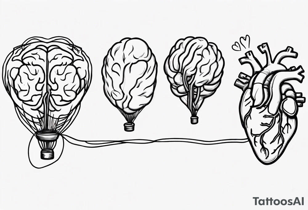 A simple line design anatomical heart and anatomical brain tied with balloon string being held by a woman's hand tattoo idea