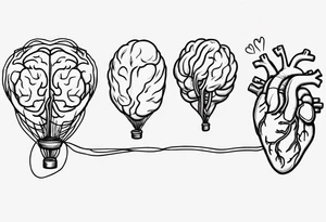 A simple line design anatomical heart and anatomical brain tied with balloon string being held by a woman's hand tattoo idea