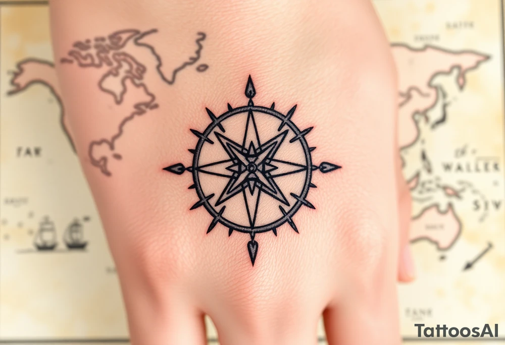 antique compass rose overlaid on weathered world map with sailing ships tattoo idea