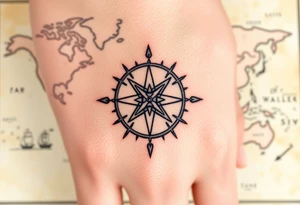 antique compass rose overlaid on weathered world map with sailing ships tattoo idea