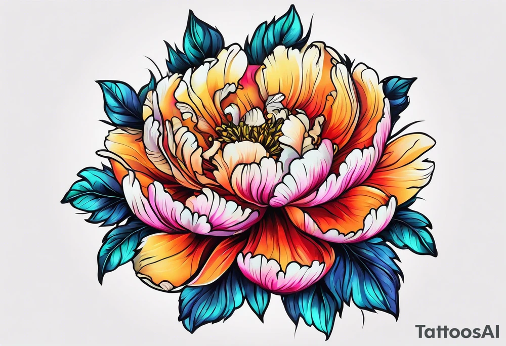 beautiful. colorful, neon, multicolored peony, white background, highly detailed, new school, new school style, street style, streetwear, urban wear tattoo idea