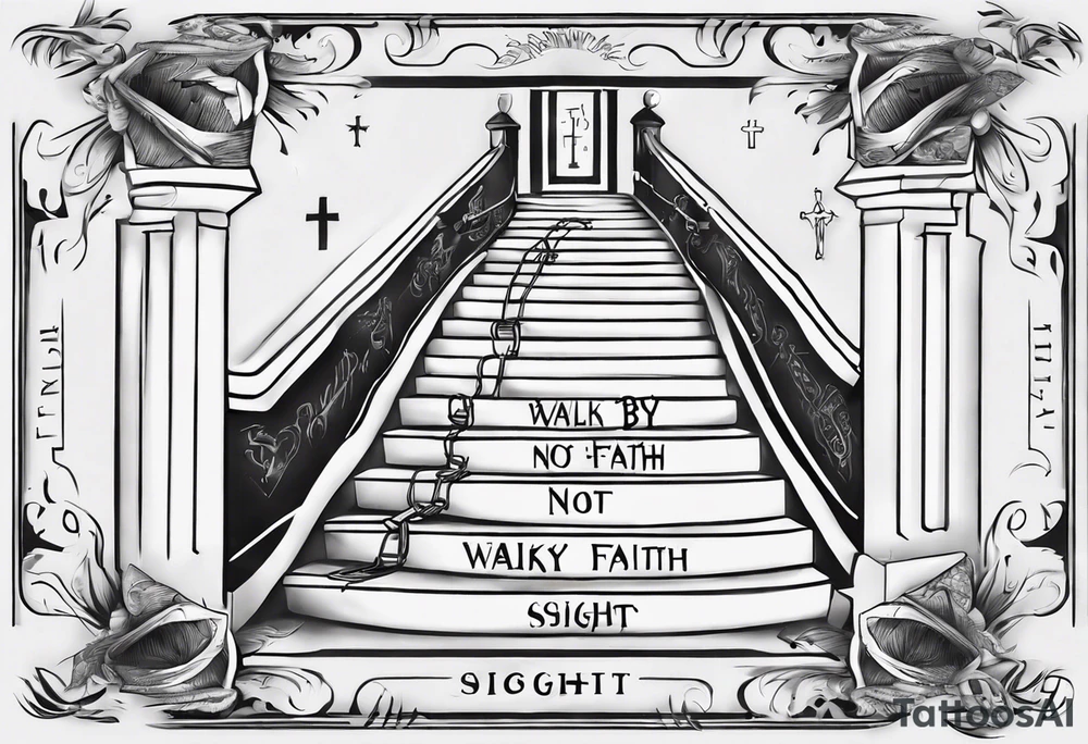 “walk by faith, not by sight” stairwell wrapping around the quote. This design captures the essence of the journey guided by faith. tattoo idea