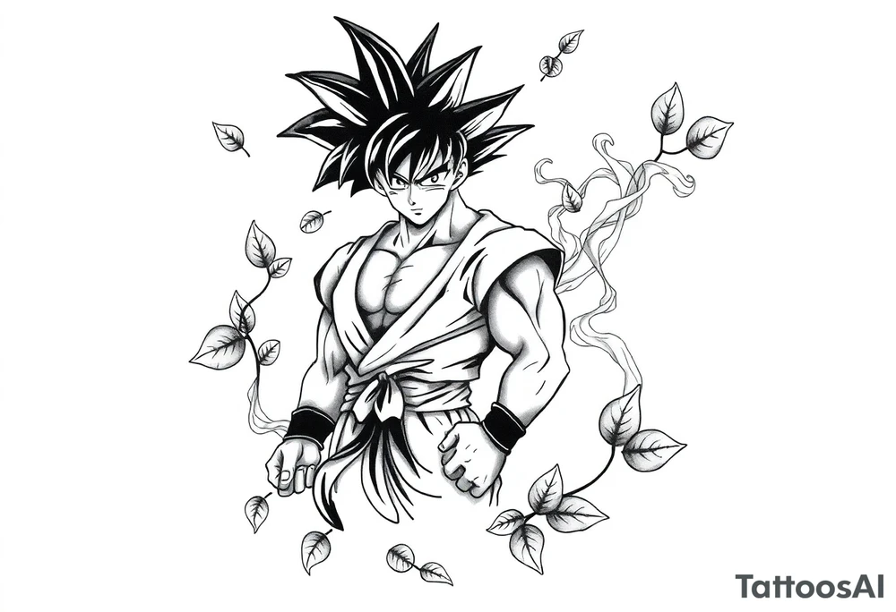 Tattoo design of Son Goku with smoke flowing through his body, surrounded by leaves in negative space effect, featuring soft shading around the edges and dotwork shading inside, with multiple contrast levels throughout. Highly detailed, intricate design with dynamic composition, emphasizing the interaction between the smoke and character, with the negative space leaves creating depth and balance. Professional tattoo art style with clean lines and sophisticated shading techniques. tattoo idea