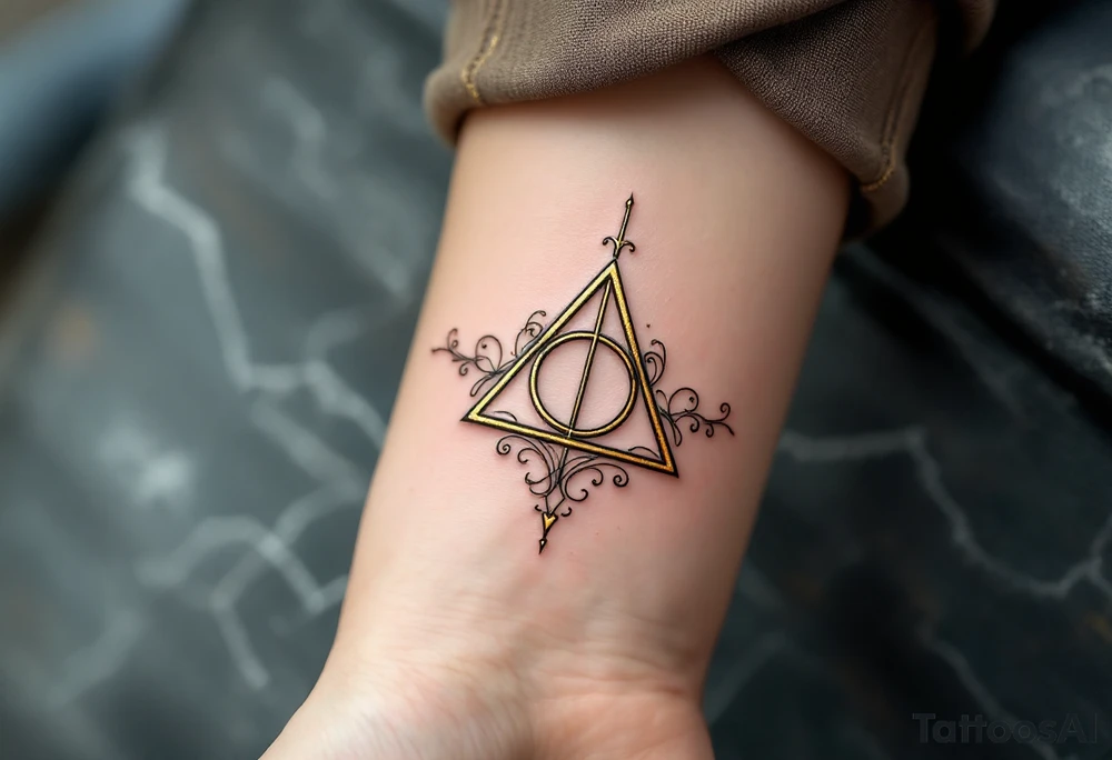 A detailed Deathly Hallows symbol (triangle, circle, and line) surrounded by swirling gold and silver tattoo idea