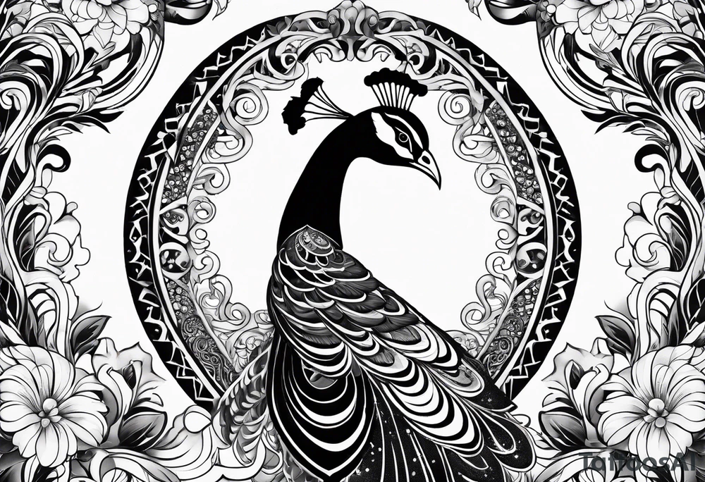 black and white peacock with infinity symbol in feather and moon above tattoo idea