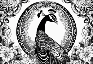 black and white peacock with infinity symbol in feather and moon above tattoo idea