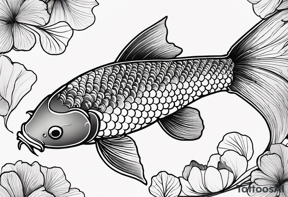 koi fish with a little narrow body, elongated fins, trimmed with pearls, ginkgo leaves around, minimal color, sketch technic, gradient lines theme tattoo idea