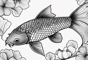 koi fish with a little narrow body, elongated fins, trimmed with pearls, ginkgo leaves around, minimal color, sketch technic, gradient lines theme tattoo idea