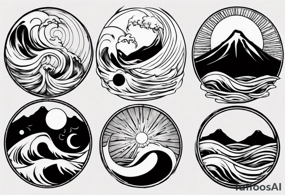 yin yang with sun and moon over ocean wave and mountains tattoo idea