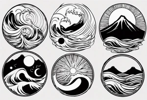 yin yang with sun and moon over ocean wave and mountains tattoo idea