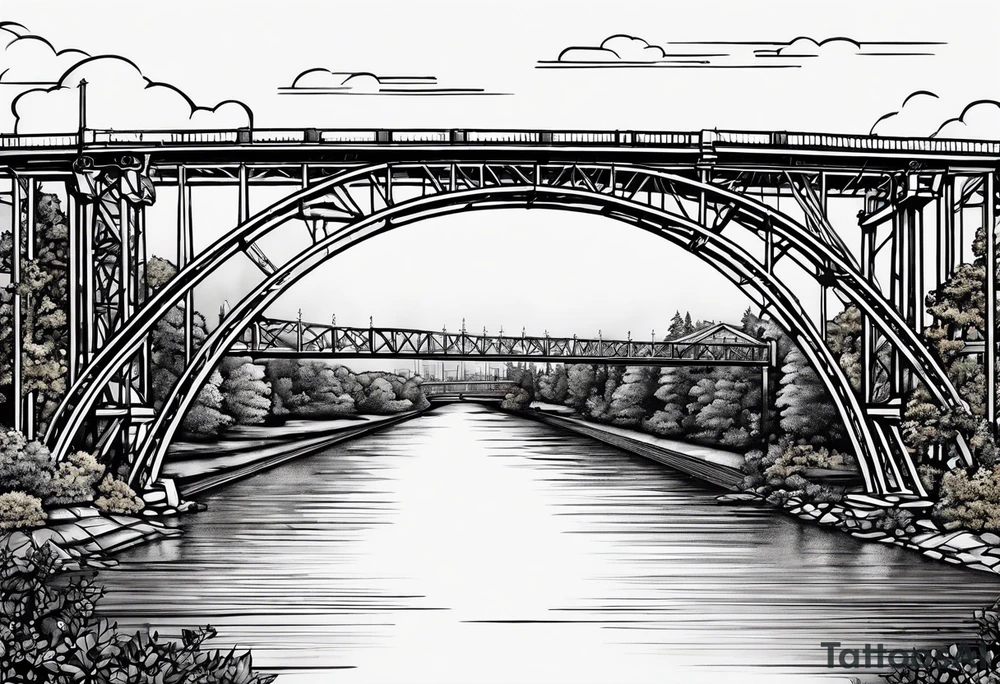 simple line art, view from under steel truss cantilever bridge tattoo idea