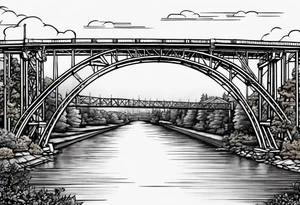 simple line art, view from under steel truss cantilever bridge tattoo idea