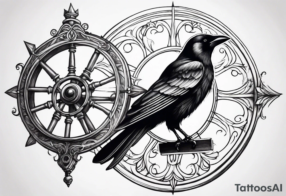 Magnificent, spinning wheel with spindle and crow from sleeping beauty tattoo idea