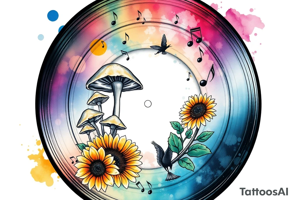 vinyl record with mushrooms, sunflowers, and music notes tattoo idea