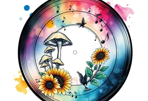 vinyl record with mushrooms, sunflowers, and music notes tattoo idea