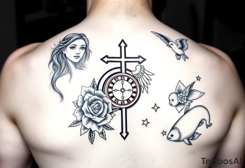 Roulette casino and princess and jesus on cross, baby angels, roses and clock and stars and fish tattoo idea