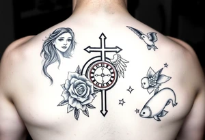 Roulette casino and princess and jesus on cross, baby angels, roses and clock and stars and fish tattoo idea