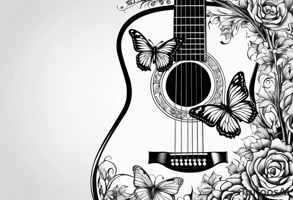 Single electric acoustic Guitar in shape with flowers growing off the side, butterflies tattoo idea