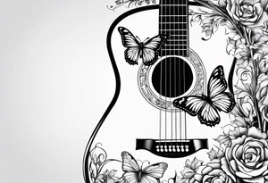 Single electric acoustic Guitar in shape with flowers growing off the side, butterflies tattoo idea