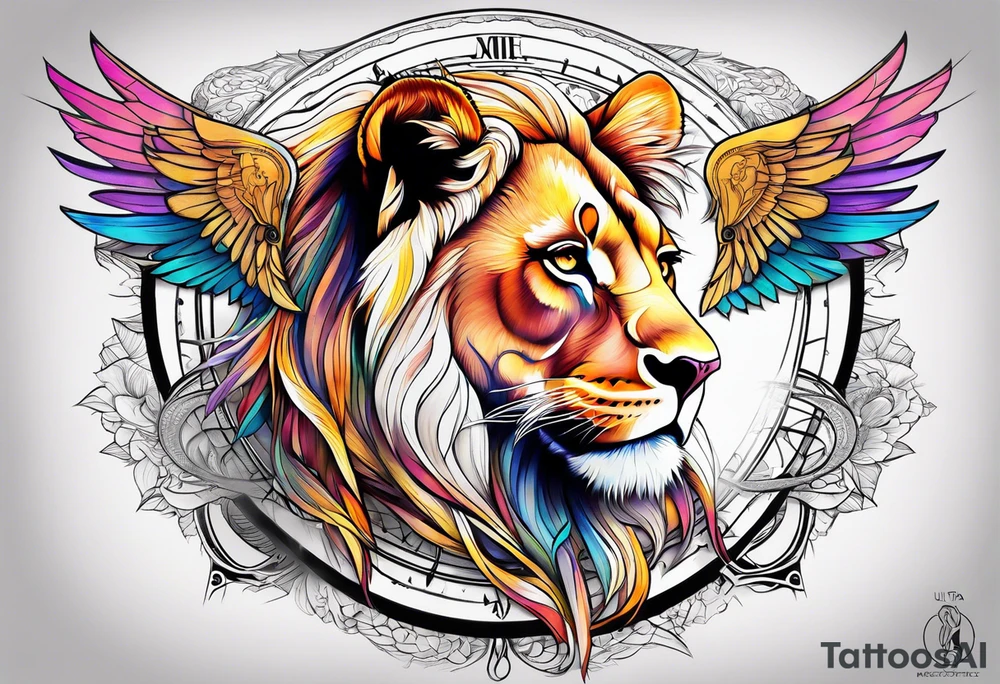 Lioness with wings compass tattoo idea