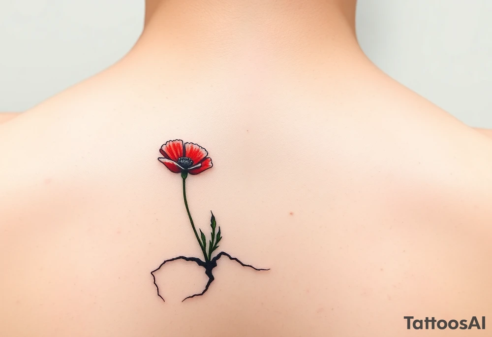 Single line drawing, artsy style, poppy growing up from cracks in pavement red watercolor airbrush on poppy only back of ankle/heel or back of upper arm, more artistic rendering of cracks, very minimal/simplistic design tattoo idea