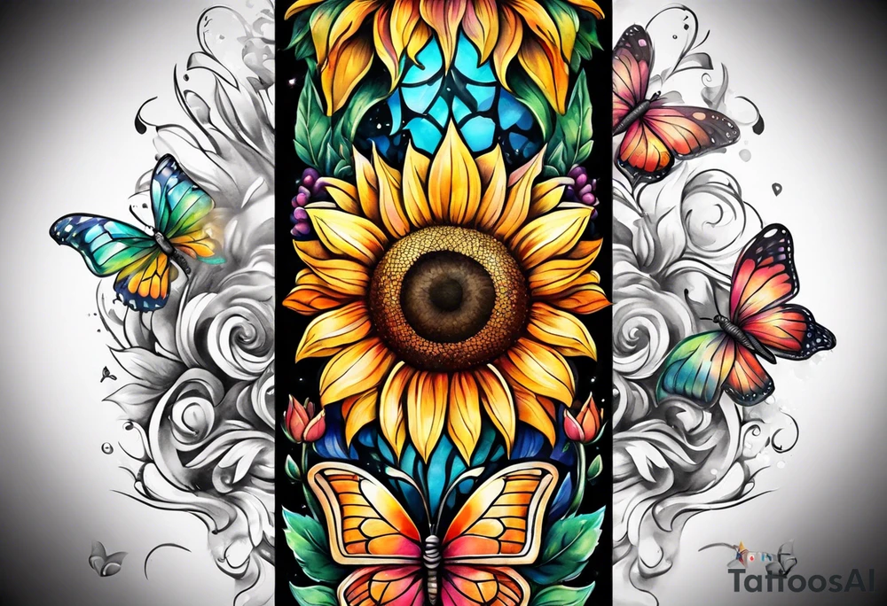 arm sleeve with cross, rainbow sunflowers and butterflies tattoo idea