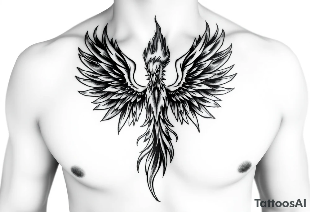 Realistic and symmetrical flaming Phoenix rebirth with spread low wings mapped onto chest
Phoenix  head must be straight and symmetrical 
Fire should be surrounding spread wings
Wings should be spread low only on chest muscle tattoo idea