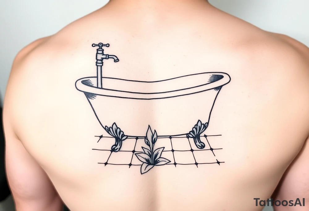 clawfoot bathtub with simple faucet and lily coming up out of the tile floor tattoo idea