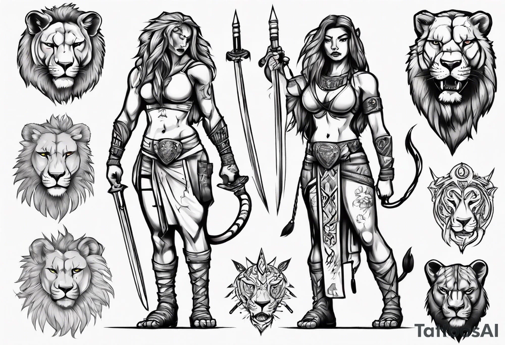 Lioness standing next to a warrior tattoo idea