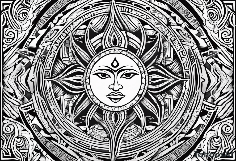 Polynesian tribal tattoo with sun, moon and eyes tattoo idea