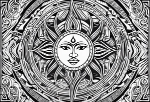 Polynesian tribal tattoo with sun, moon and eyes tattoo idea