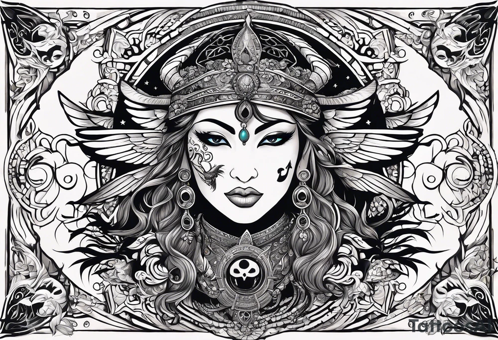 black kali, goddess pirate, alien, angel, pachamama, valkrye, warrior, flying, skull, lotus azul, wing, eagle, zenza resonance, stars, 5D, anahata chakra, death, durga, riding on a tiger, flying lady tattoo idea