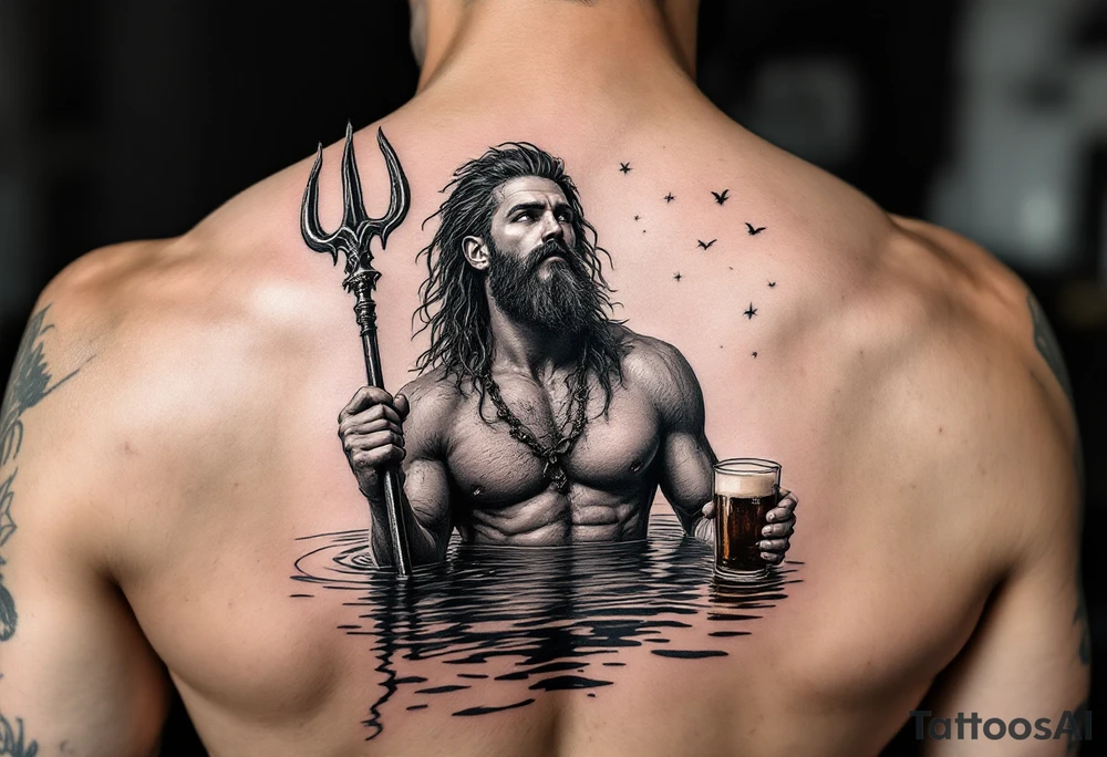young, fit poseidon in calm water, holding a trident, holding a beer, looking at the sky tattoo idea