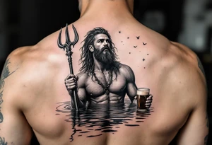 young, fit poseidon in calm water, holding a trident, holding a beer, looking at the sky tattoo idea