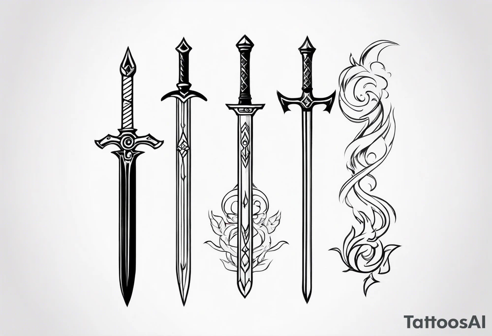 The Master Sword in a clean, minimalist style, with four elemental symbols elegantly arranged around it: fire, water, earth, and air tattoo idea