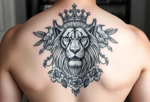 powerful majestic lion with a crown, surrounded by floral ornaments and birds tattoo idea
