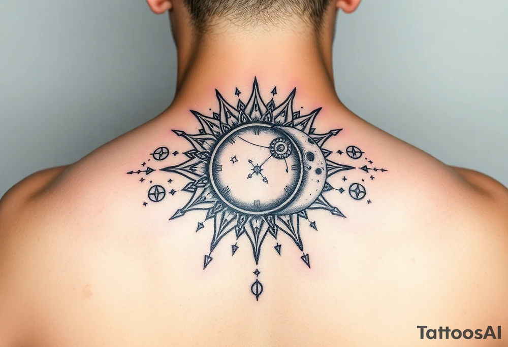 celestial sun and moon embrace with constellation patterns tattoo idea