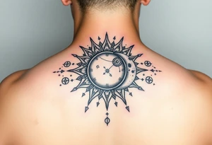 celestial sun and moon embrace with constellation patterns tattoo idea