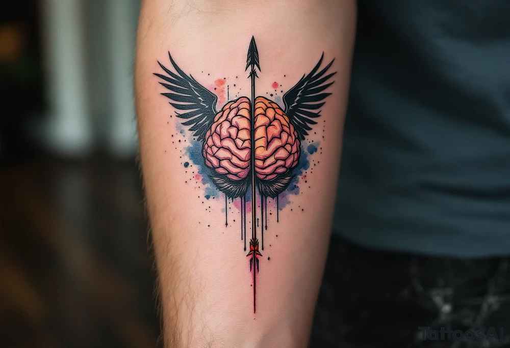 Tattoo inspired in the gifted brain in geometric and straight lines, with few watercolor details but mostly black, symbols representing intelligence, creativity and dreaming flying arround, the phrase "It begins with a dream", raven wings behind, and an arrow crossing from above, and watercolors leaking of it tattoo idea